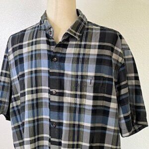 Tommy Bahama Silk Shirt Mens Size XL Blue‎ Plaid Button Front Short Sleeve